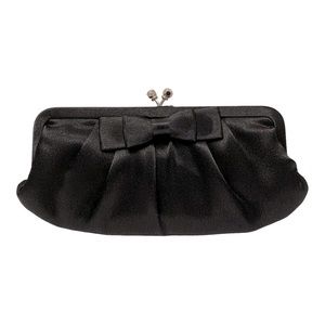 Black Satin Evening Clutch with Bow Detail and Chain Strap